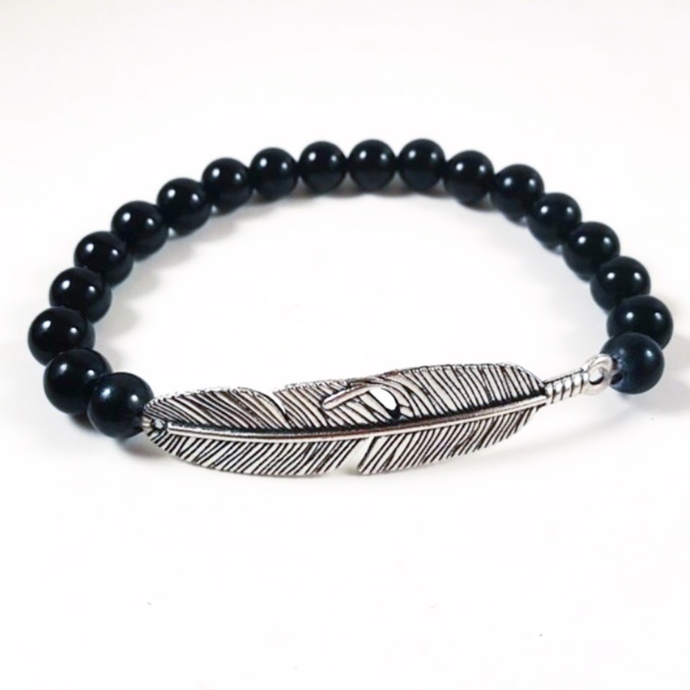 Genuine onyx silver plated feather bead bracelet